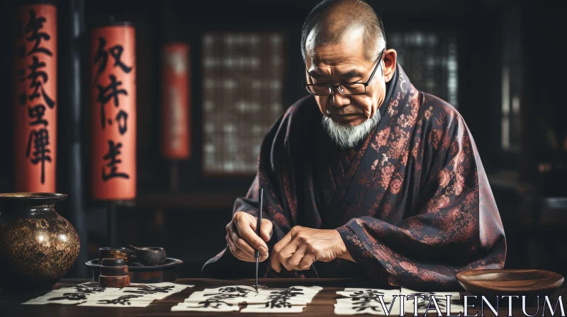 Elderly Asian Man Writing in Traditional Attire AI Image