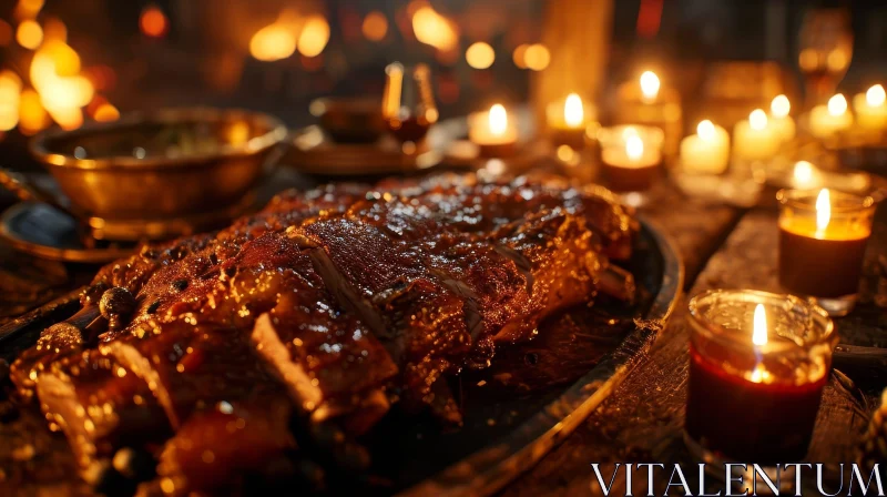 Exquisite Still Life: Roasted Rib of Beef and Flickering Candles AI Image
