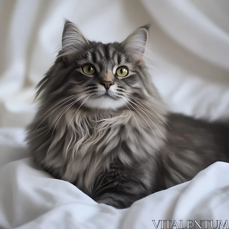 Elegant Grey and Black Cat on Soft White Blanket AI Image