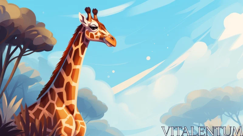 Giraffe Cartoon Illustration in Grassy Field AI Image