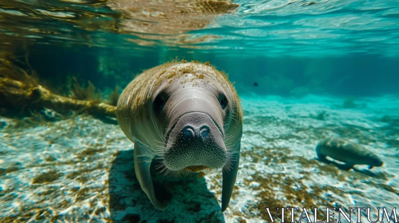 Graceful Manatee Swimming Towards the Camera - Enchanting Underwater Image AI Image