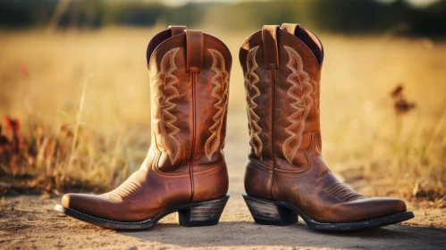 Pair of Brown Cowboy Boots on Grass - American Regionalism