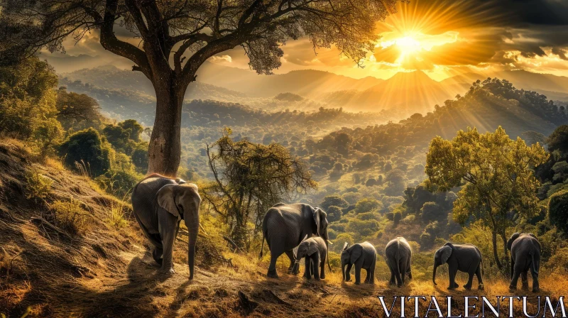 Serene African Savanna at Sunset: Majestic Elephants and Untamed Beauty AI Image