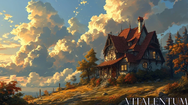 Serene Countryside Landscape with a Charming House AI Image