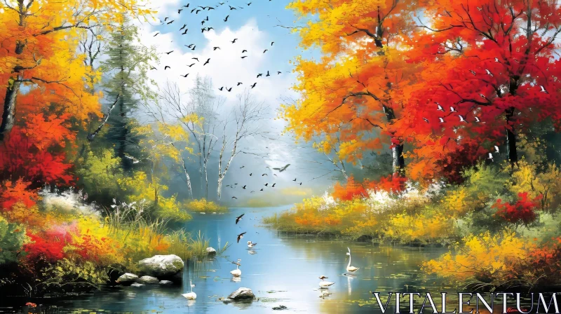 Tranquil Forest Lake Landscape Painting AI Image