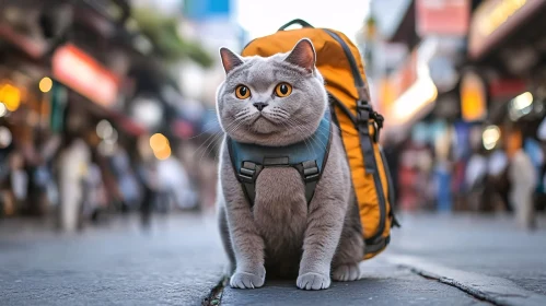 Cat Exploring the City with Backpack