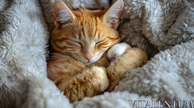 Peaceful Ginger Kitten Cuddled in Cozy Blanket AI Image