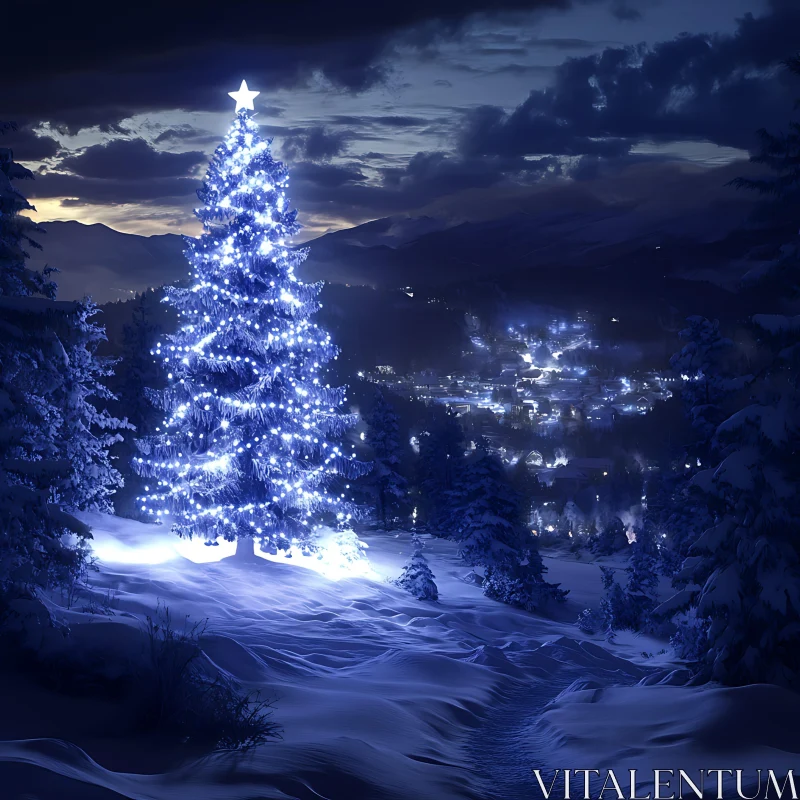 Glistening Christmas Tree in Snow-Covered Village AI Image