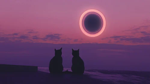 Feline Silhouettes Admiring a Celestial Event