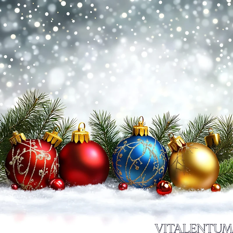 Festive Christmas Baubles with Falling Snow AI Image