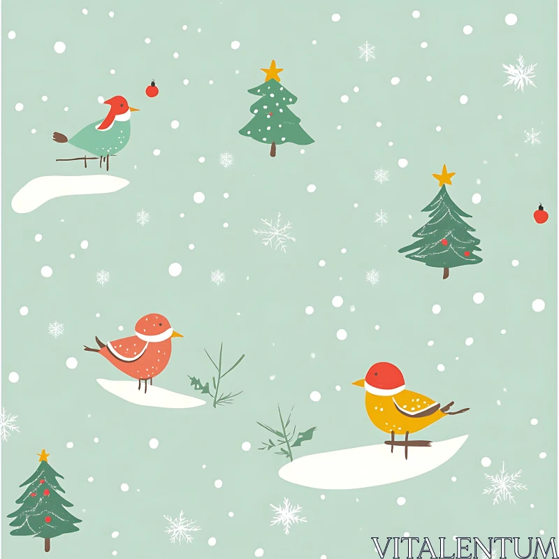 Cartoon Christmas Birds and Trees AI Image