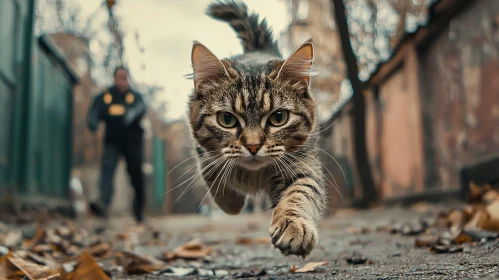 Energetic Cat in Motion on a Leaf-lined Street