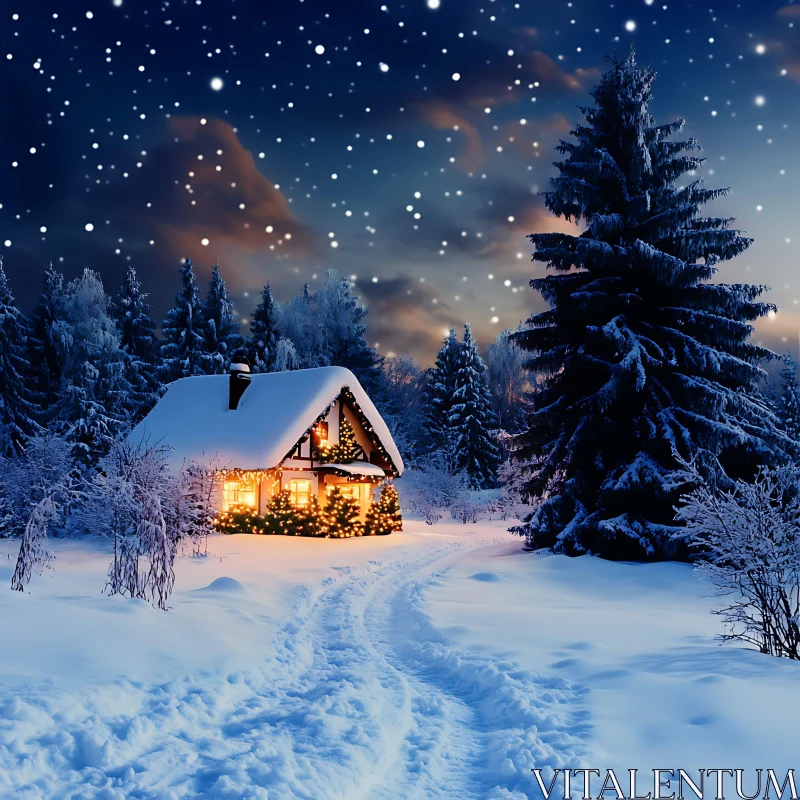 Festive Cottage in a Snowy Forest AI Image