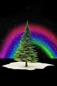 Green Tree in Snow with Rainbow and Stars