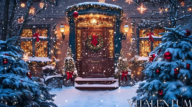 AI ART Festive Winter Home with Holiday Lights and Snow