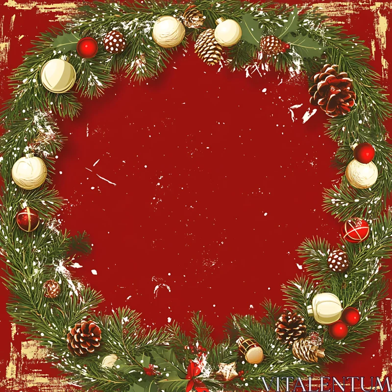 Holiday Wreath Decoration Against Red Background AI Image