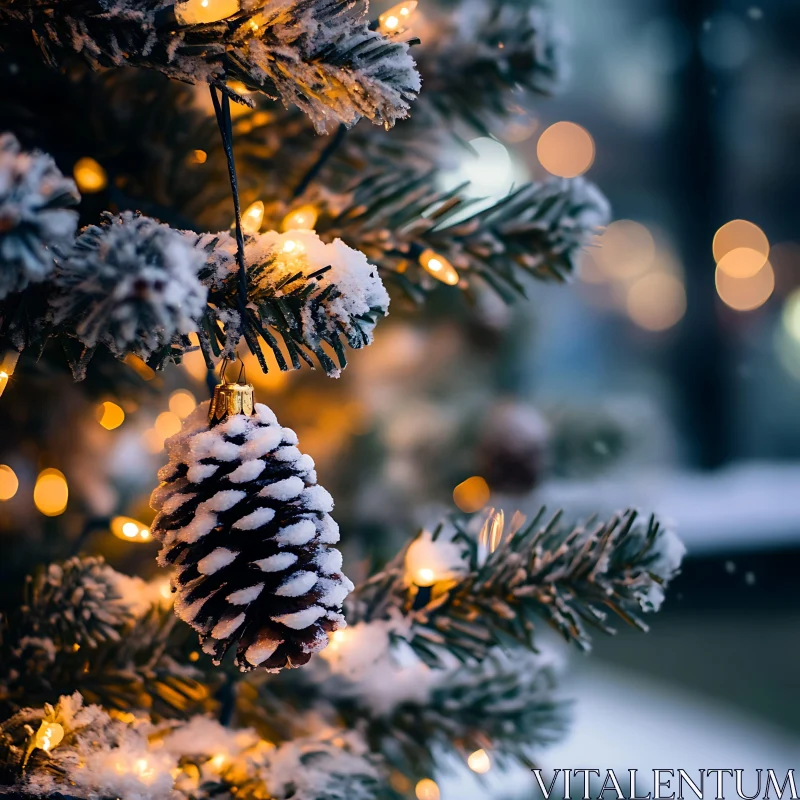 Festive Pinecone on Snowy Christmas Tree AI Image