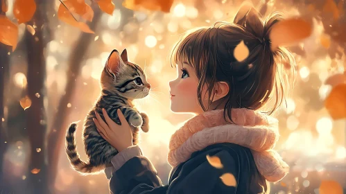 Tender Autumn Interaction: Girl and Kitten