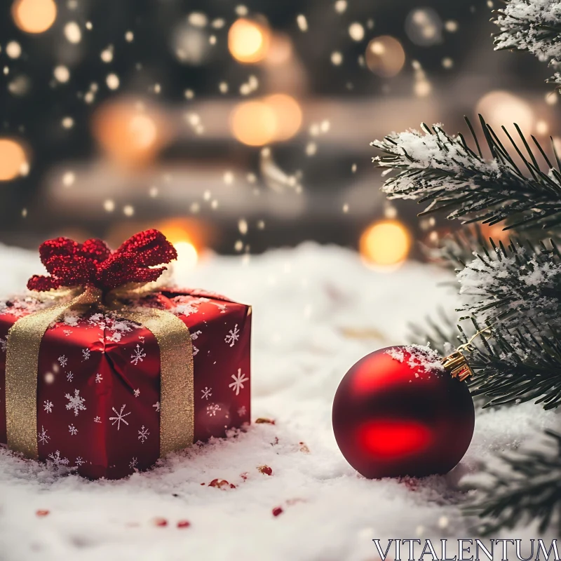 Festive Red Gift and Ornament Amid Snow AI Image