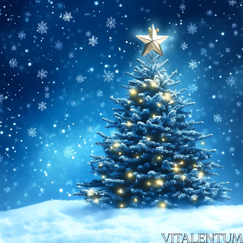 Christmas Tree with Lights and Falling Snowflakes AI Image