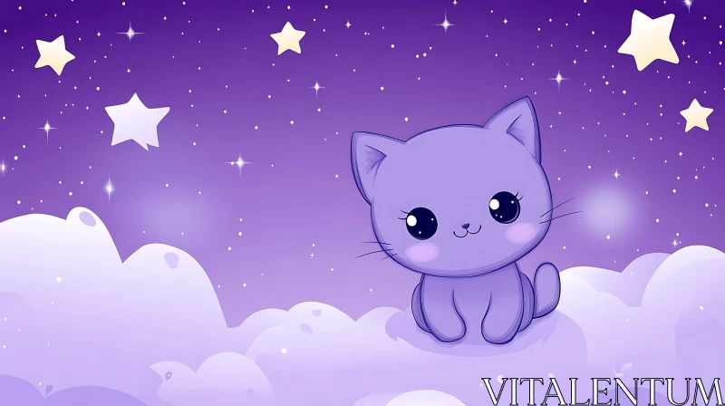 AI ART Whimsical Purple Cat Artwork with Stars and Clouds