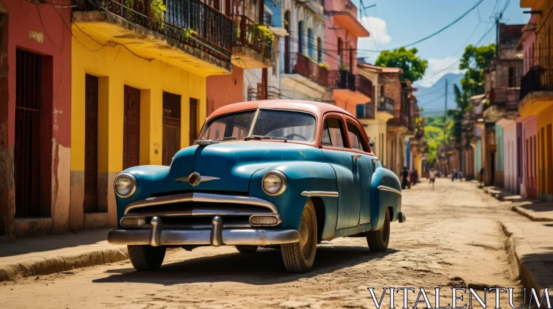Ancient Blue Vintage Car Driving Down Colorful Streets AI Image