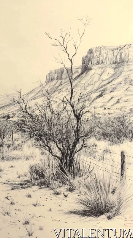 AI ART Detailed Desert Sketch with Mountains and Barren Trees