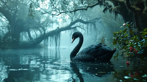 Black Swan Painting in Misty Lake - Serene Nature Art