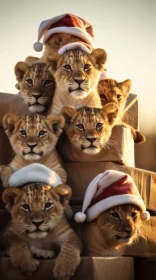 Captivating Lion Cubs with Santa Hats - Kitsch Aesthetic Photography