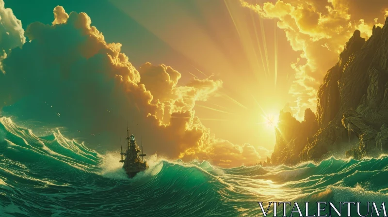 Captivating Seascape: Golden Sunset, Crashing Waves, and a Ship Battling the Sea AI Image