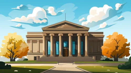 Classical Building with Ionic Columns and Trees