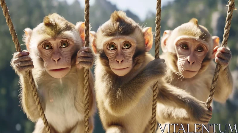 Curious Monkeys Hanging on Ropes in Natural Surroundings AI Image