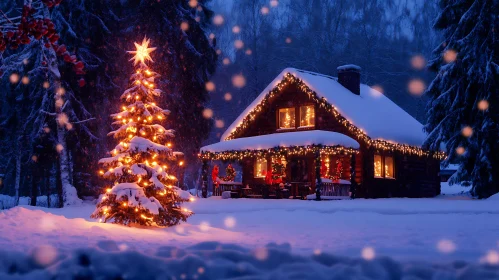 Snow-Covered Cabin with Festive Christmas Decorations