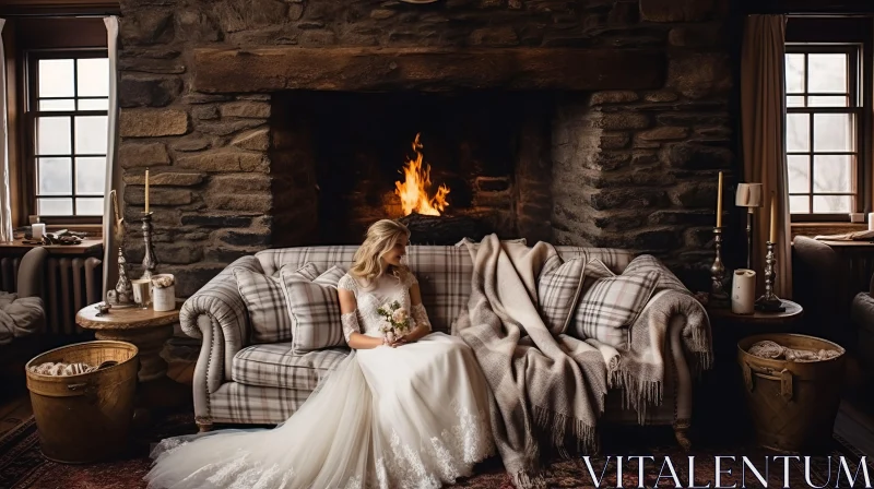 Dreamy Wedding Scene: Bride in a Cozy Cabin by the Fireplace AI Image