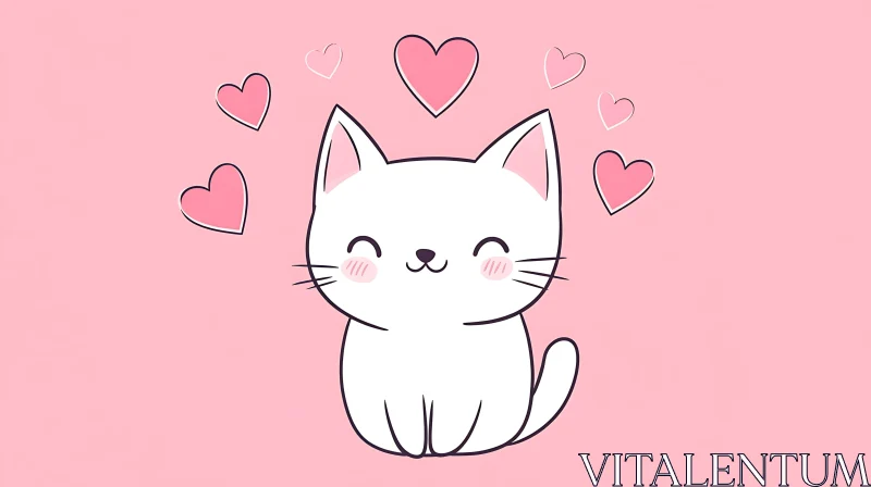 Cute Kitten with Pink Hearts Drawing AI Image