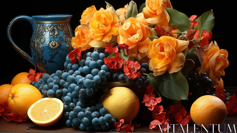 Elaborate Fruit Arrangements in Ornate Vase - A Timeless Still Life AI Image