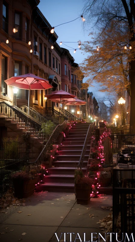 Enchanting Evening in the City: Illuminated Steps and Umbrellas AI Image