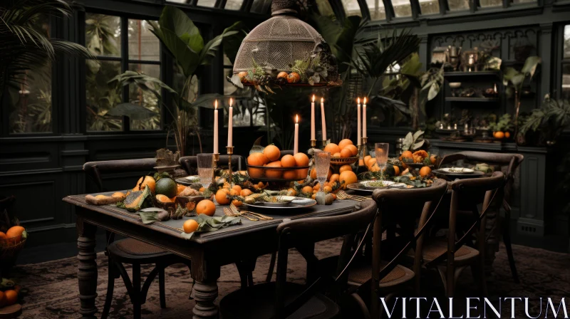 Enchanting Orange Table Setting in a Glass Room AI Image