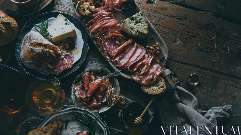 Exquisite Still Life: Wooden Table with Delectable Cured Meats and More AI Image