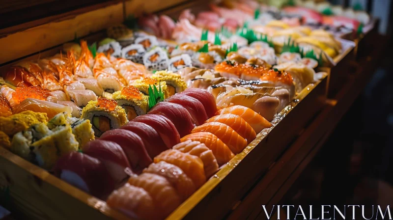 Exquisite Wooden Boat Filled with Delectable Sushi AI Image