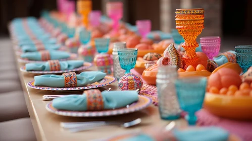 Extravagant Table Setting with Colorful Dishes and Cultural Fusion