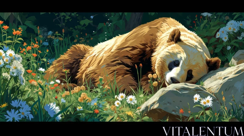 Peaceful digital painting of a bear sleeping in a field of flowers AI Image