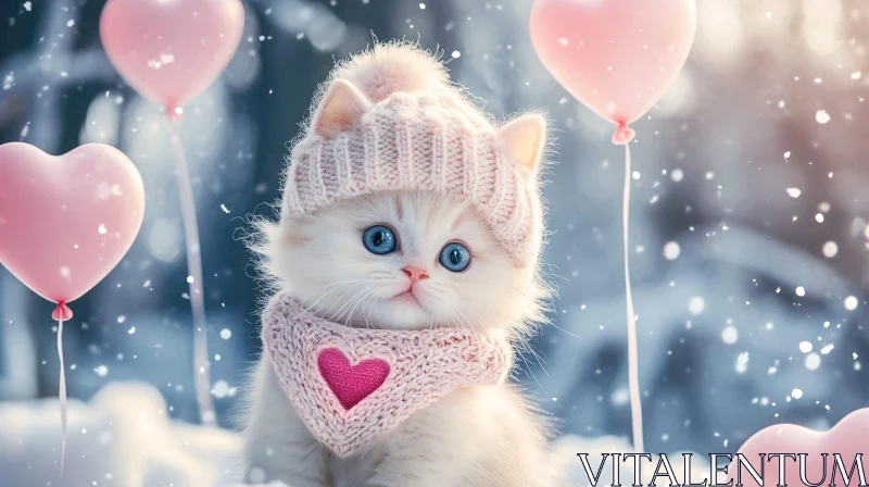 AI ART Cute Winter Kitten with Pink Balloons