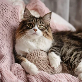 Cute Cat with Yarn on Cozy Pink Blanket