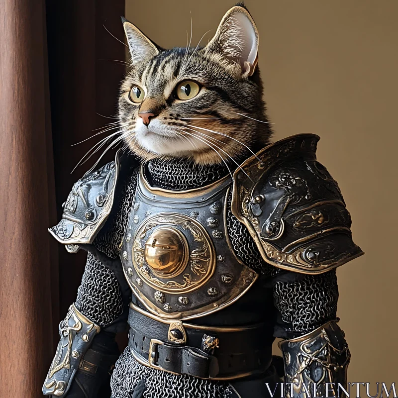 Medieval Knight Armor Adorned Tabby Cat AI Image