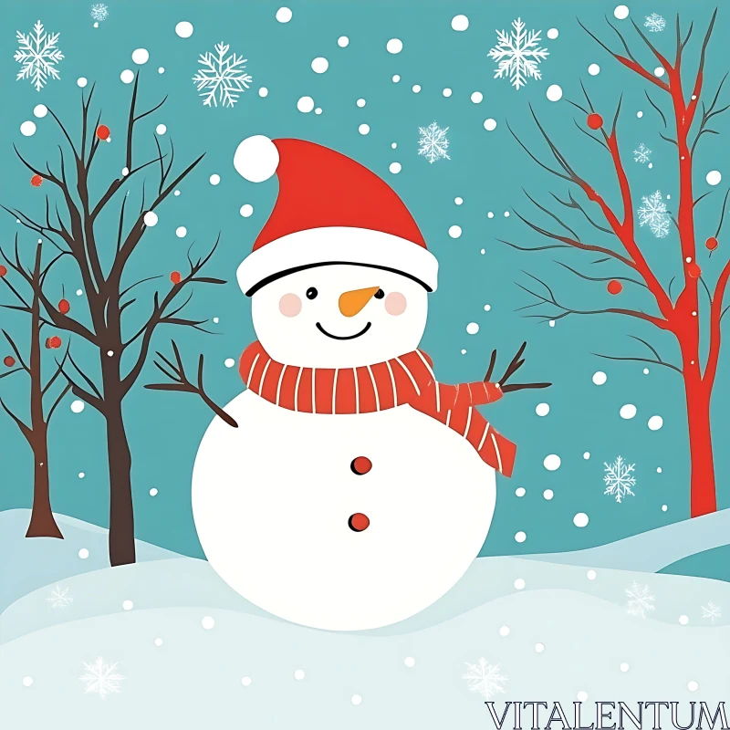 Snowman in Scenic Winter Landscape AI Image