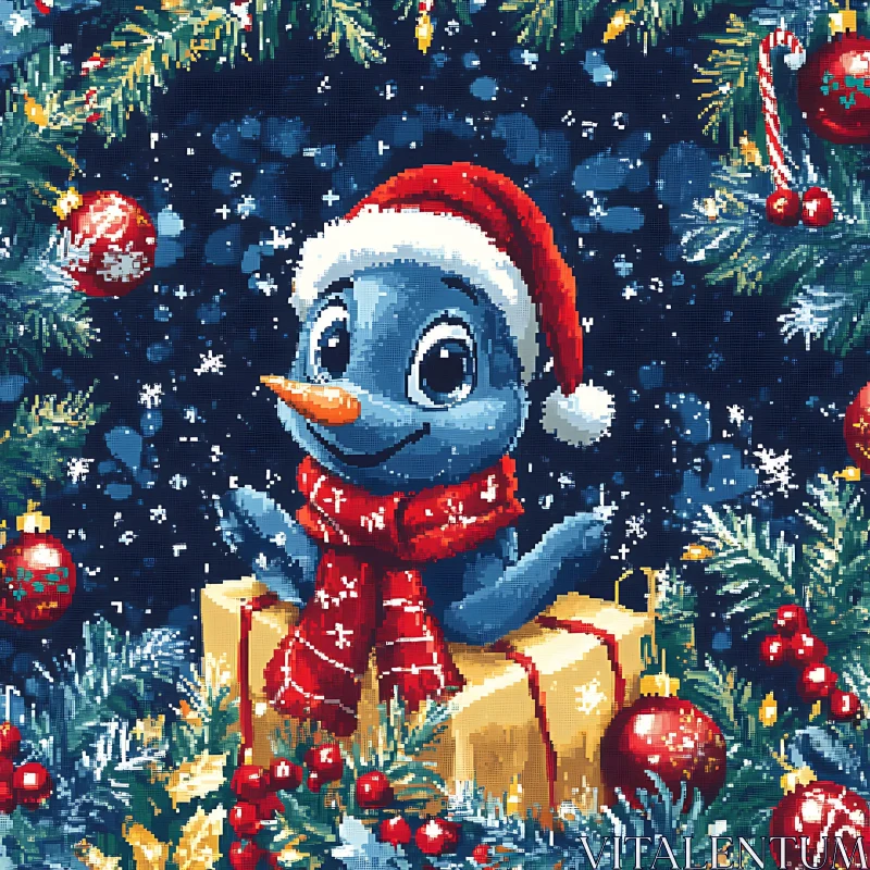 Festive Blue Snowman Amidst Christmas Decor AI Image