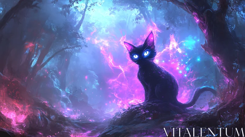 Ethereal Feline in Mystical Forest AI Image