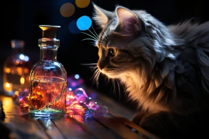 Intrigued Feline Looking at Illuminated Glass Bottle