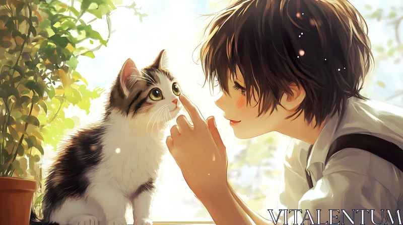 AI ART Tender Anime Scene: Young Boy and Curious Kitten